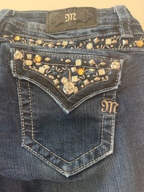 Miss Me Dark Blue Embroidered mid rise, slim Bootcut Jeans with Gem Accents